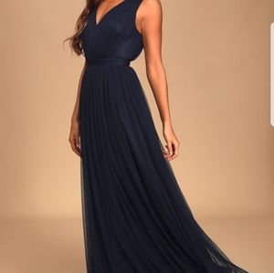 Lulus How Charming Navy Blue Swiss Dot Maxi Dress Size Large NWT